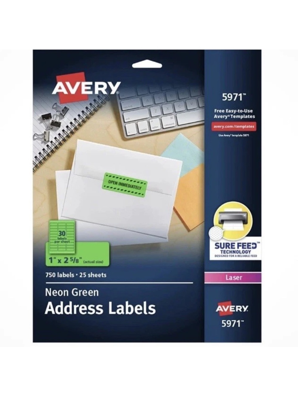 Avery Neon Address Labels for Laser Printers, 1 x 2 5/8", 750 Labels